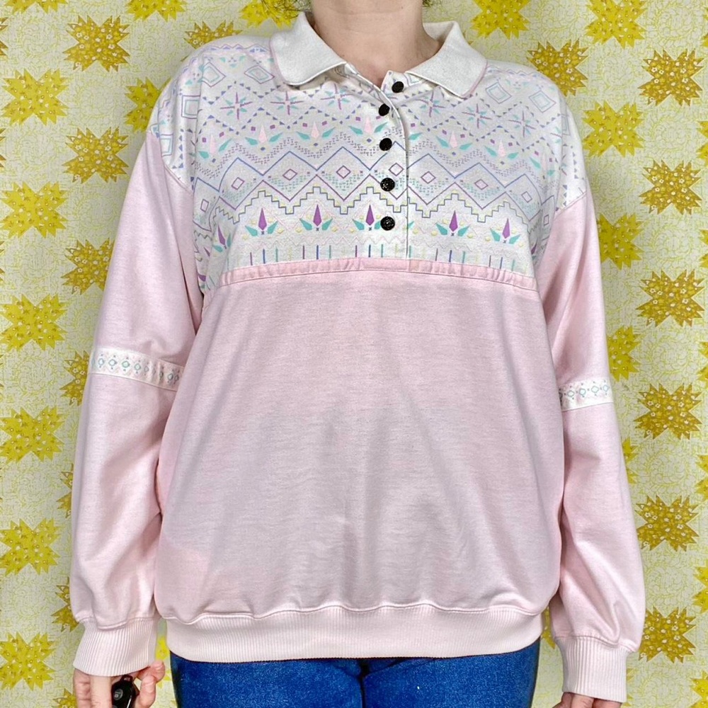 Vintage 90s light pink & white abstract Salt Air collared sweatshirt ❄️